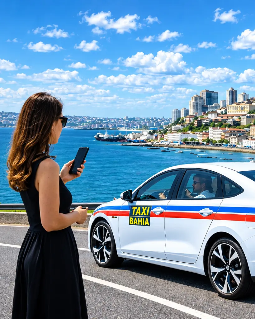 Passageira com o celular na mão ao lado de um táxi branco do Taxi Bahia, com o mar de Salvador ao fundo